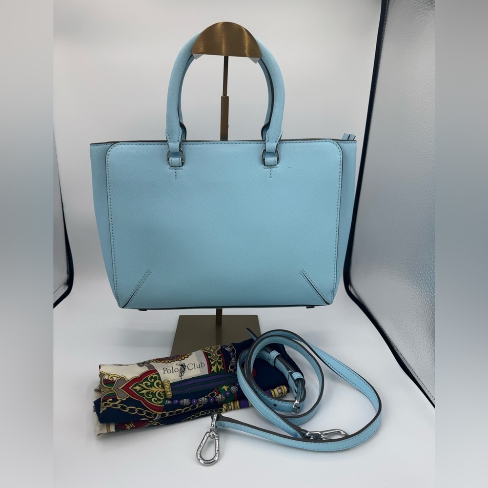 Tory Burch Baby Blue Leather Robinson Tote Two Way Silver Hardware Polo Scarf
